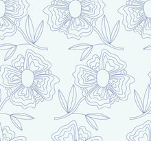 Load image into Gallery viewer, Navy lined flowers on a pale blue background.
