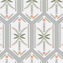 Load image into Gallery viewer, Pale gray hexagons filled with green vines and coral flowers, all on a dark gray background.
