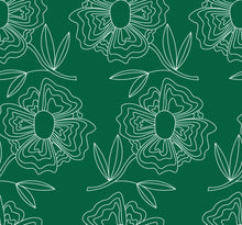 Load image into Gallery viewer, White lined flowers on a dark green background.
