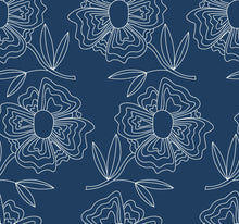 Load image into Gallery viewer, White lined flowers on a navy blue background.
