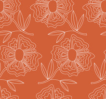 Load image into Gallery viewer, White lined flowers on a terra cotta orange background.
