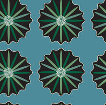 Load image into Gallery viewer, Black and green floral medallions on a blue background.
