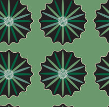 Load image into Gallery viewer, Black and green floral medallions on a green background.
