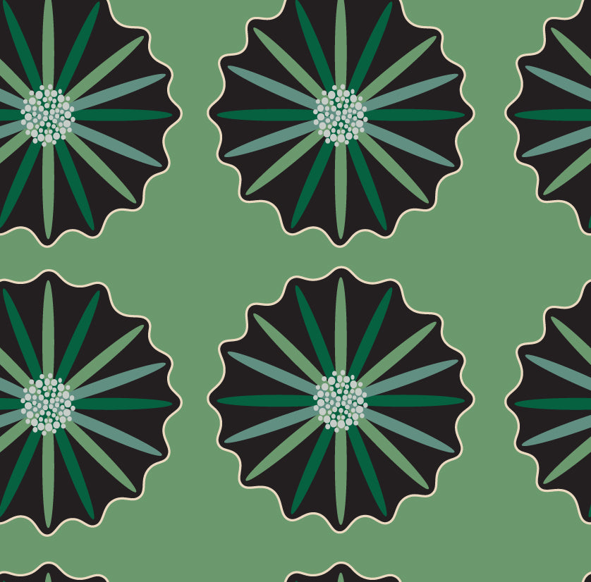 Black and green floral medallions on a green background.