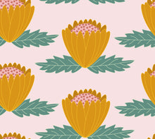Load image into Gallery viewer, Yellowish gold colored flowers with two large green leaves on a pale pink background.
