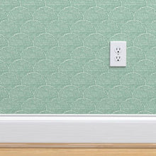 Load image into Gallery viewer, sage green scallop patterned wallpaper on wall with baseboard and outlet plug
