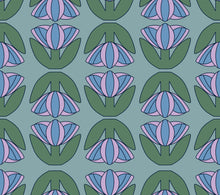 Load image into Gallery viewer, Blue and lavender Scandinavian tulips on a green background.
