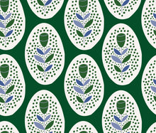 Load image into Gallery viewer, Green tulips and dots, blue and green leaves, on an emerald green background.
