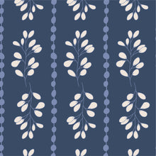 Load image into Gallery viewer, Neutral colored leafy branches in vertical stripes on a navy blue background.

