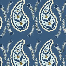 Load image into Gallery viewer, Large paisley filled with florals, leaves, and bees set on a blue background.
