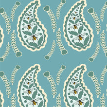 Load image into Gallery viewer, Large paisley with flowers, leaves, and bees set on a teal background.
