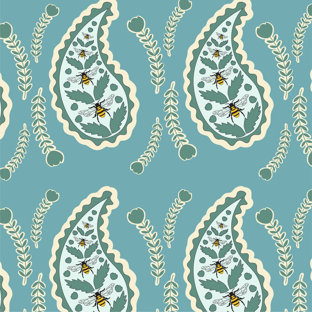 Large paisley with flowers, leaves, and bees set on a teal background.