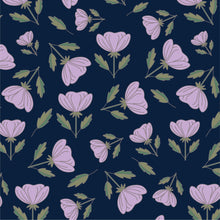 Load image into Gallery viewer, Purple buttercups scattered on a navy blue background
