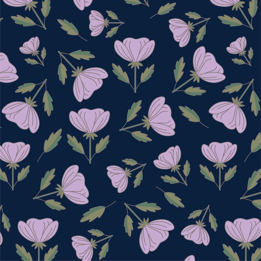 Purple buttercups scattered on a navy blue background