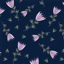 Load image into Gallery viewer, Delicate tulips with gradient lavender petals scattered on a navy blue background.
