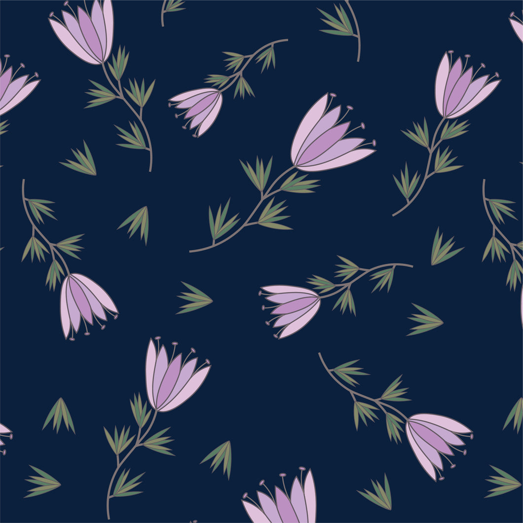 Delicate tulips with gradient lavender petals scattered on a navy blue background.