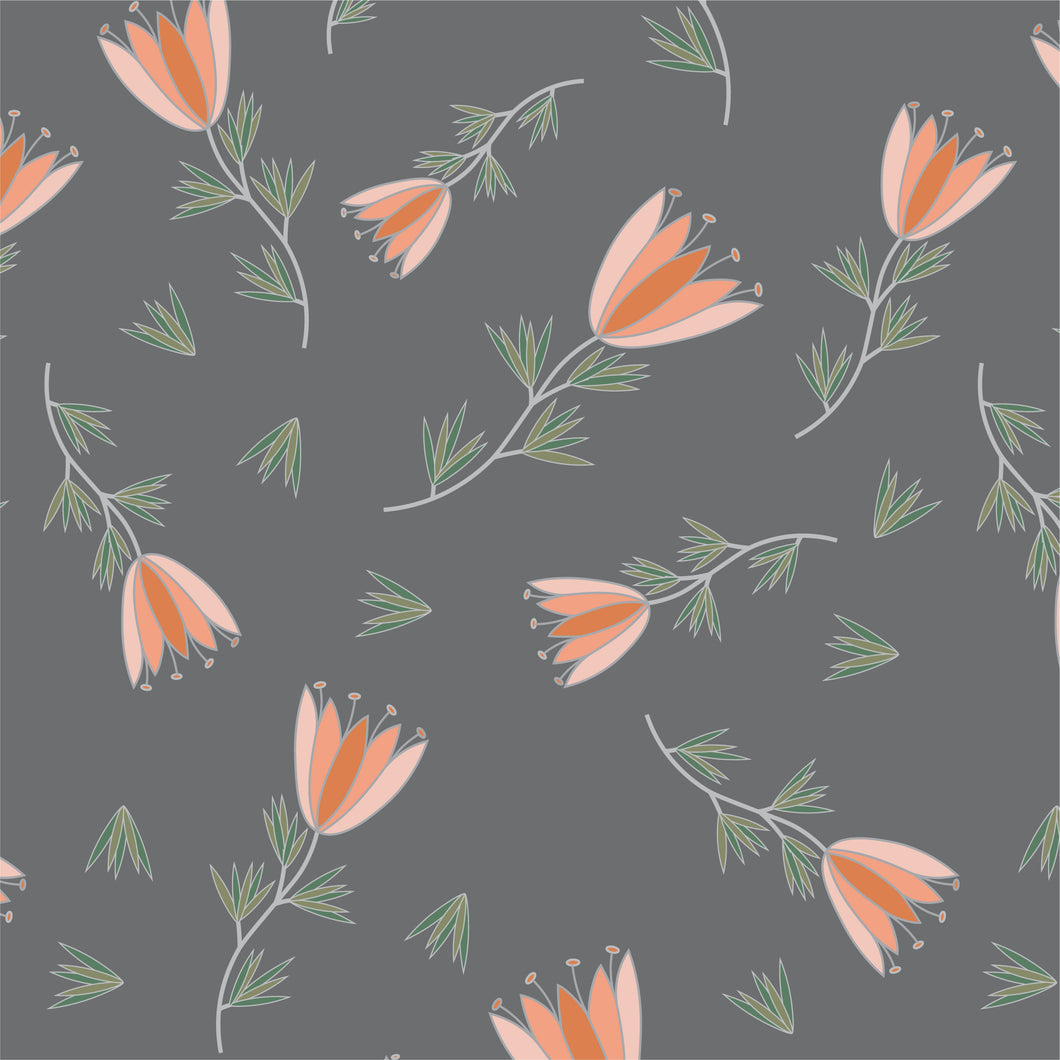 Delicate scattered tulips with gradient peach petals on a charcoal gray background.