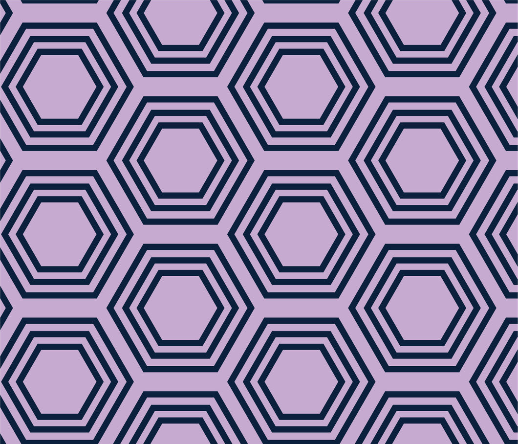 Concentric navy blue hexagons on a purple background.