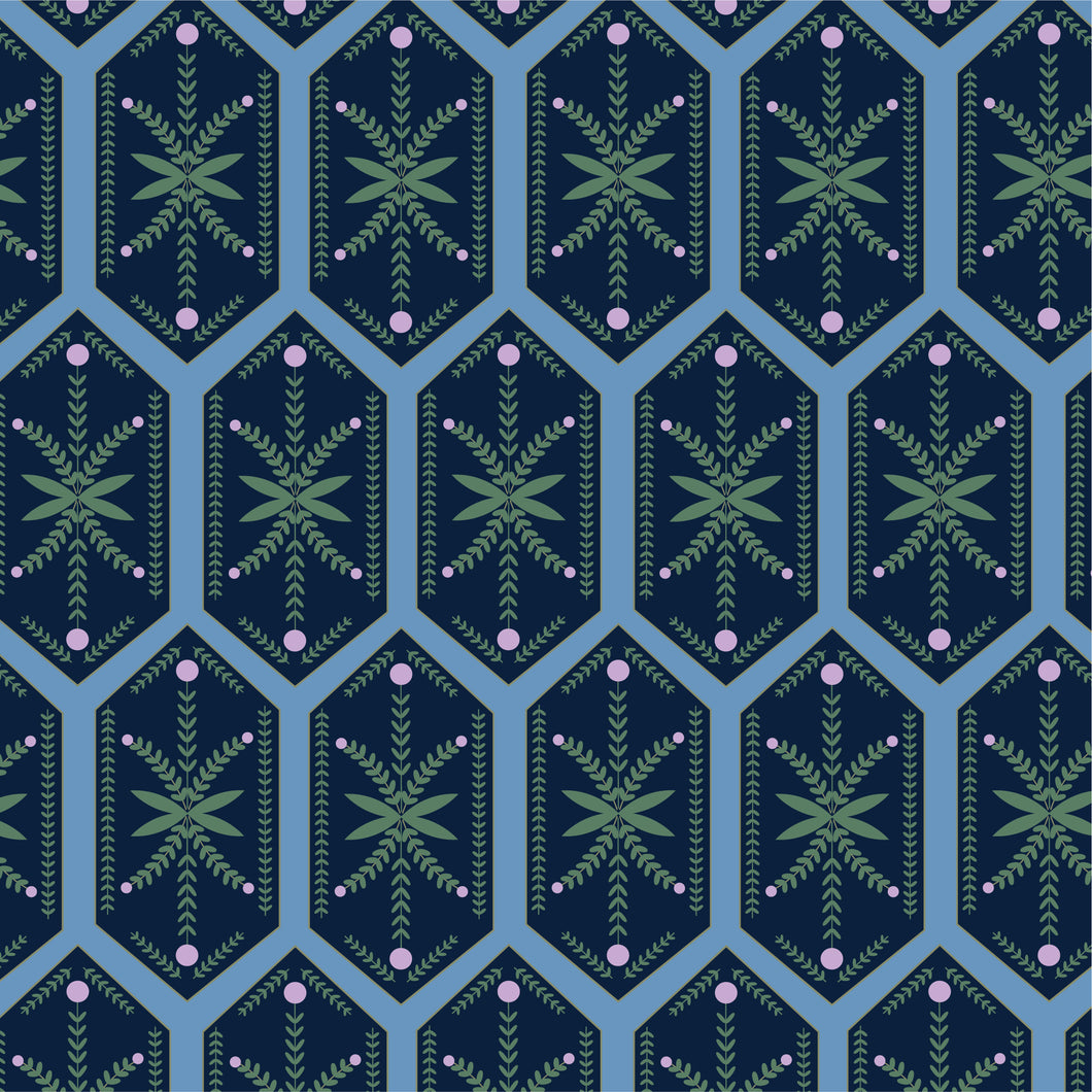 Navy blue hexagons filled with green vines and lavender flowers, all on a bright blue background.