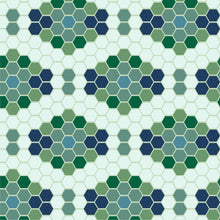 Load image into Gallery viewer, Hexagons colored several shades of green and blue to form an offset repeating pattern.
