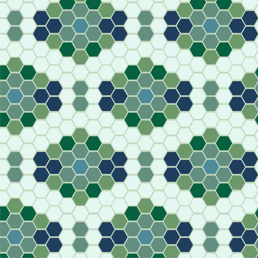 Hexagons colored several shades of green and blue to form an offset repeating pattern.