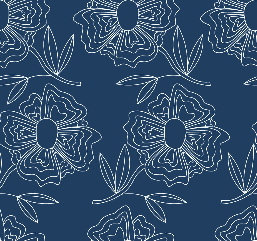 White lined flowers on a navy blue background.