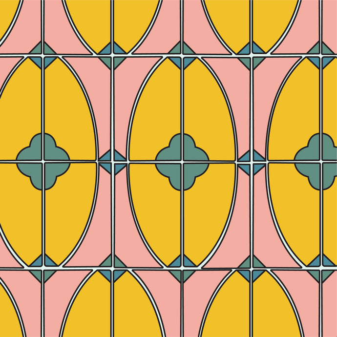 Resembling painted tiles in yellow, pink and green.