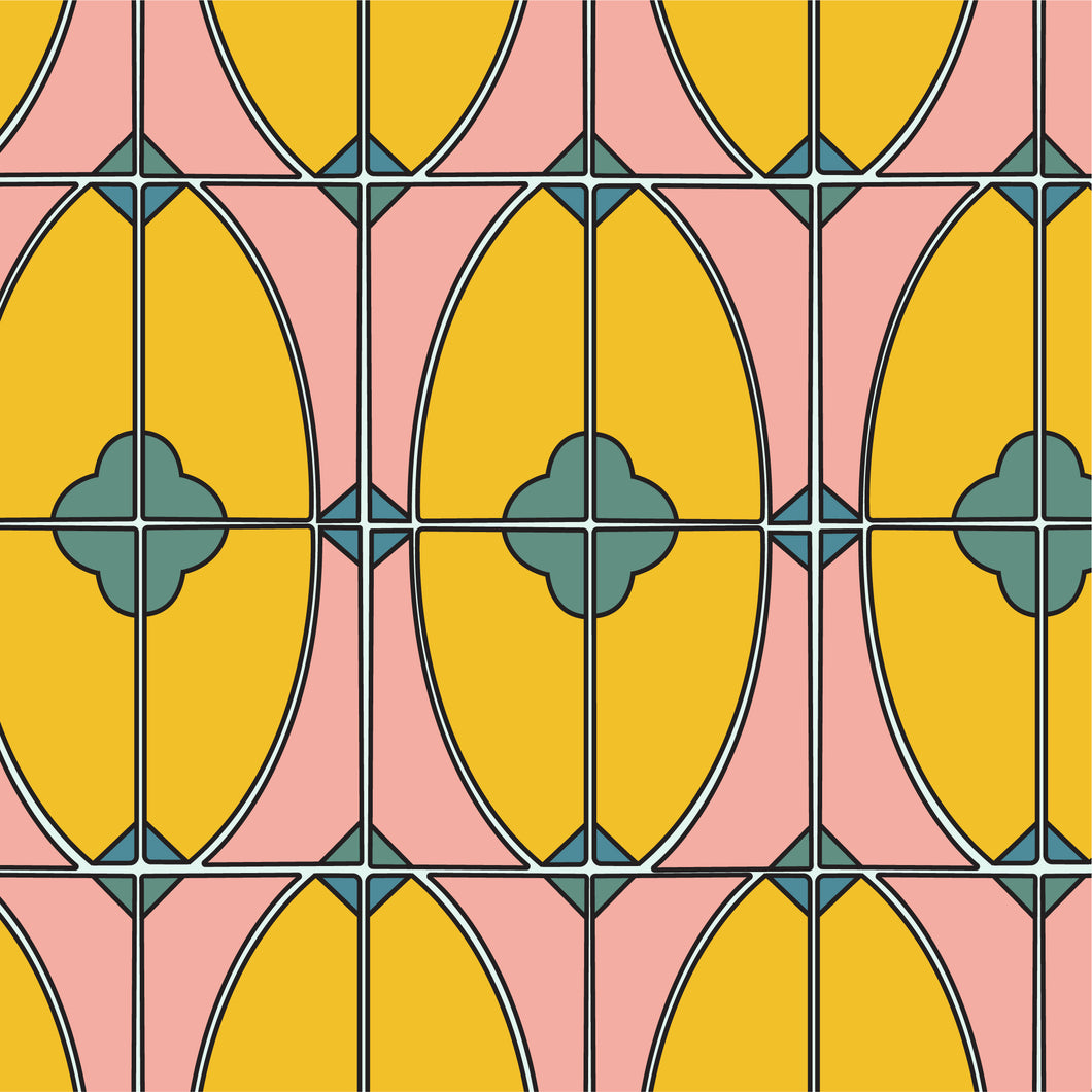 Resembling painted tiles in yellow, pink and green.