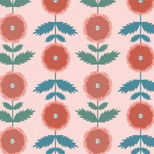 Load image into Gallery viewer, Rust and coral colored coreopsis flowers on a pale pink background.
