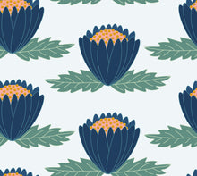 Load image into Gallery viewer, Navy blue flowers with two large green leaves on a pale blue background.
