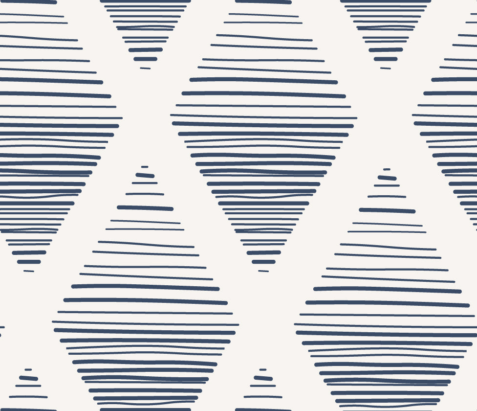 Navy blue horizontal stripes in a diamond shape on a pale gray background.