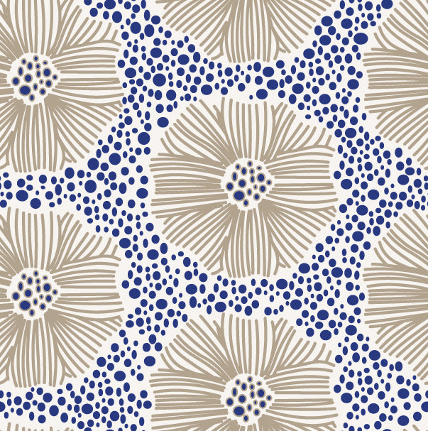 Resembling taupe embroidered flowers surrounded by blue dots.