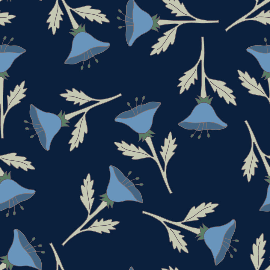 Blue scattered flowers and stems on a navy blue background.