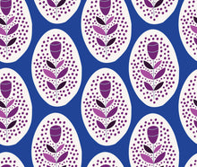 Load image into Gallery viewer, Purple tulips and dots on a royal blue background.
