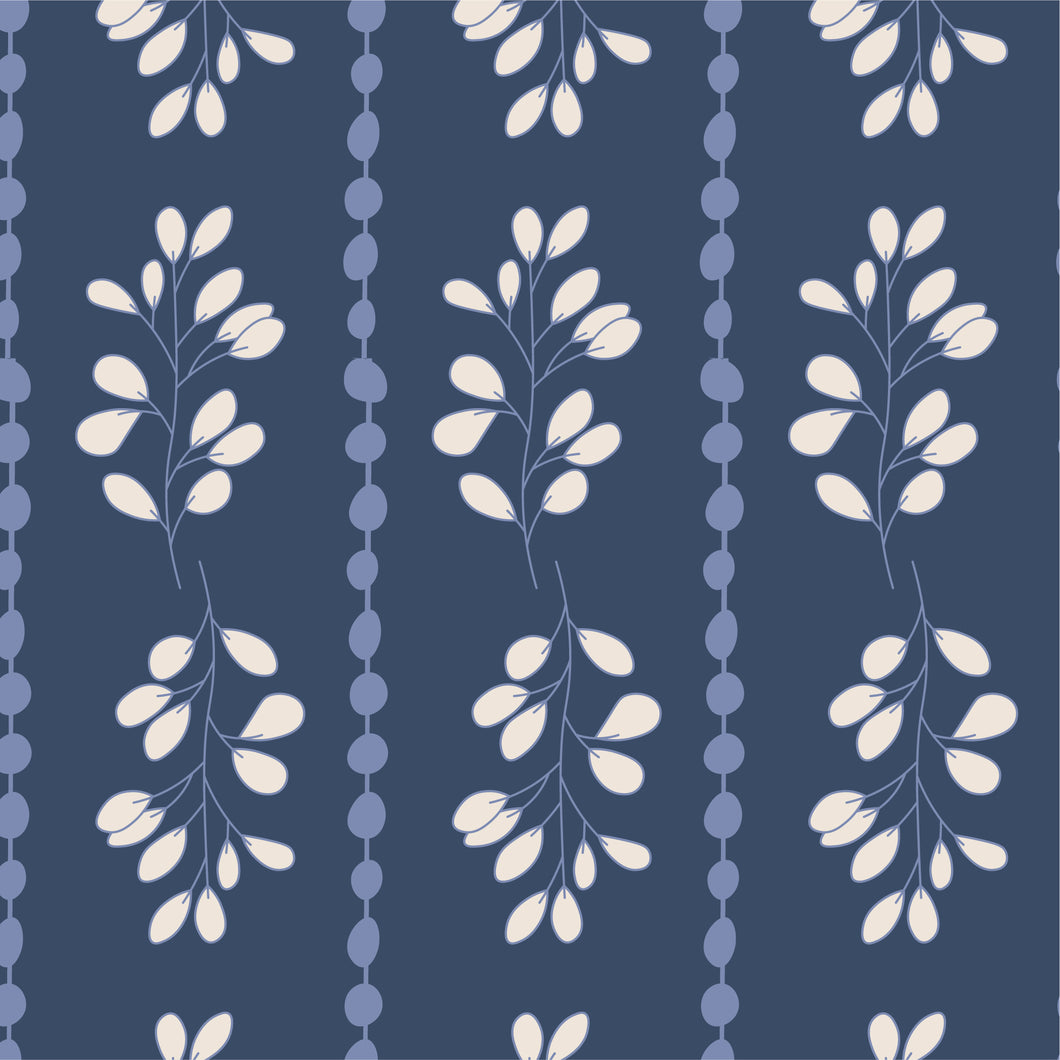 Neutral colored leafy branches in vertical stripes on a navy blue background.